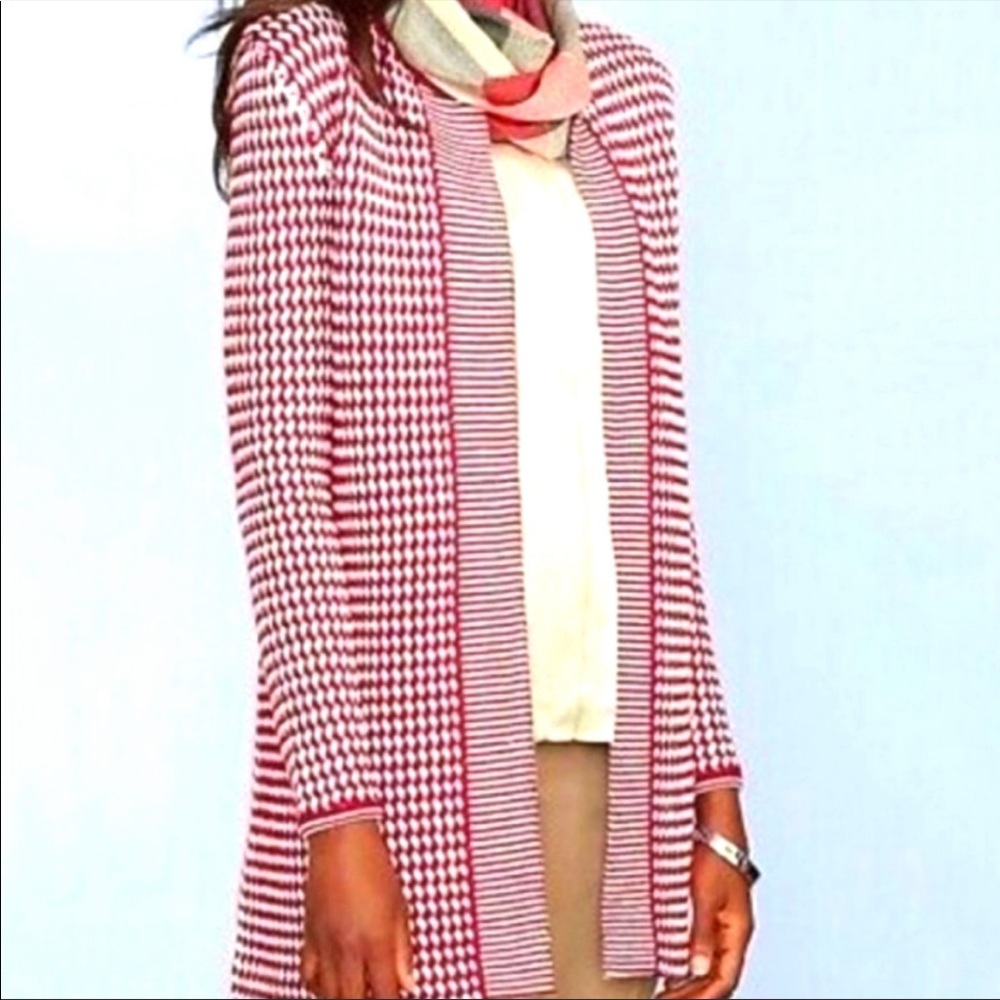 #R—-TALBOTS RED AND WHITE WOOL CARDIGAN